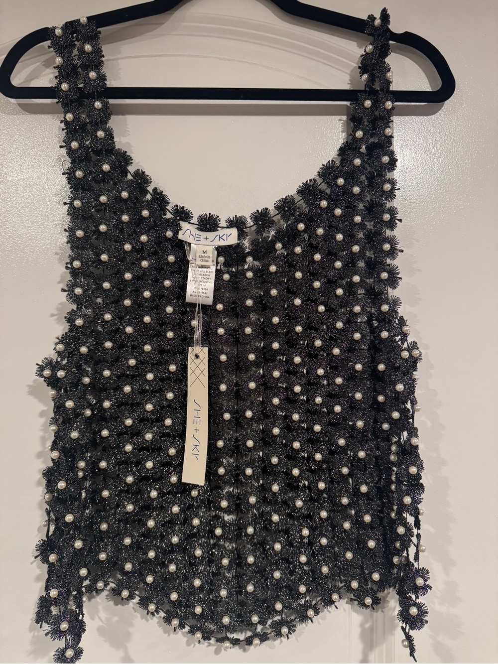 She + Sky Black Beaded Floral Pearl Applique Top